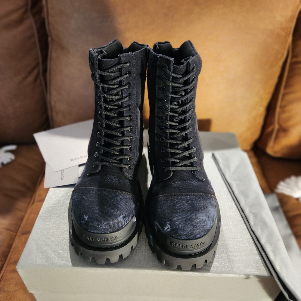 ( 9/ 42 ) Balenciaga Combat Strike Boots w/ Distressed Canvas